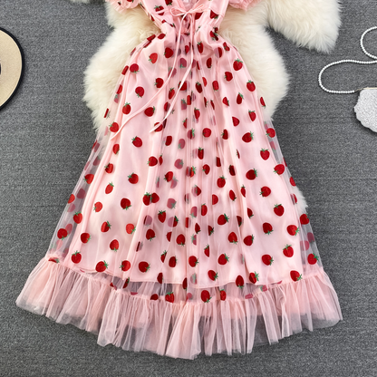Summer Fairy Strawberry Sequin Print V Neck Mesh Dress 1488