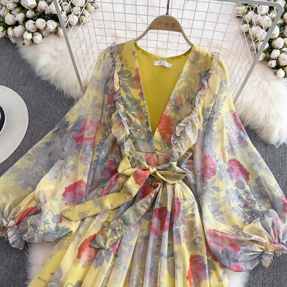 French Style Deep V Neck Floral Chiffon Dress Long Sleeves Long Dress 1530