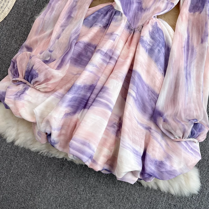 Long Sleeves Bowknot V Neck Chiffon Dress Super Fluffy Fairy Skirt 1549