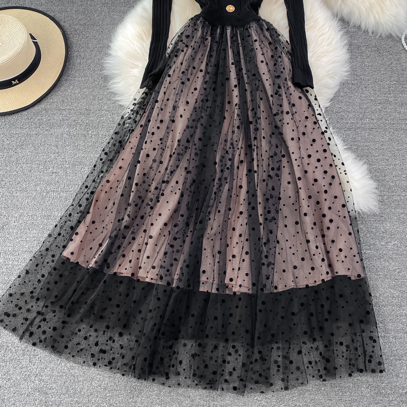 Autumn and Winter Knitted Lace Stitching Elegant Dress for Women 1417