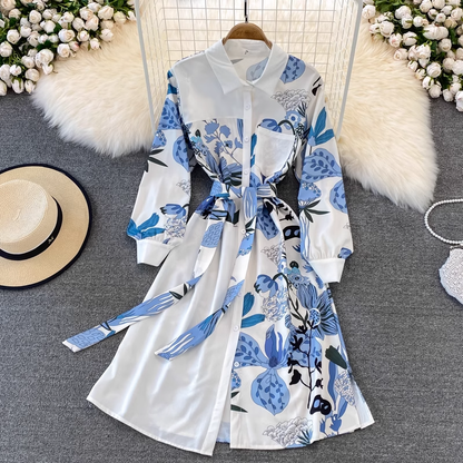 Spring and Autumn Retro Printed Shirt Dress for Women 1420