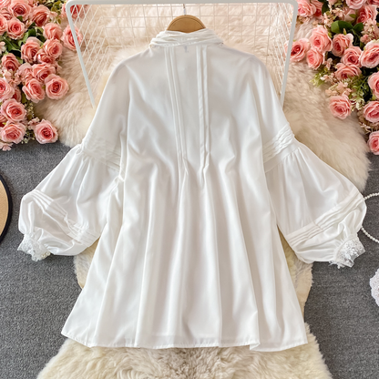 Autumn Court Style Bow Loose White Short Dress 1385