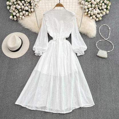 Fairy White V Neck Hollow Elegant Dress 1562
