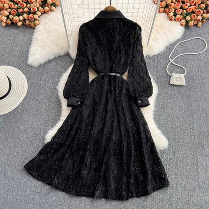 Spring and Autumn Black Long Sleeves Elegant Lace Dress 1441