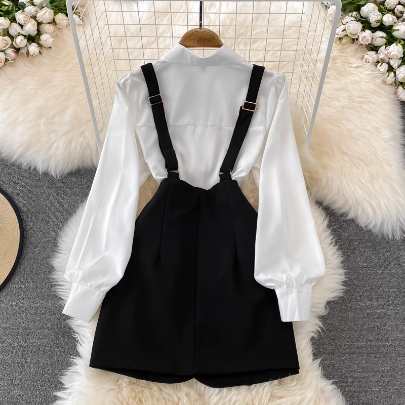 Spring and Autumn Loose Sweet Long Sleeves Shirt Suspender Skirt Two Pieces Set 1425