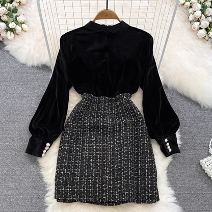 Autumn Retro Velvet Long Sleeves Elegant A Line Short Dress 1516
