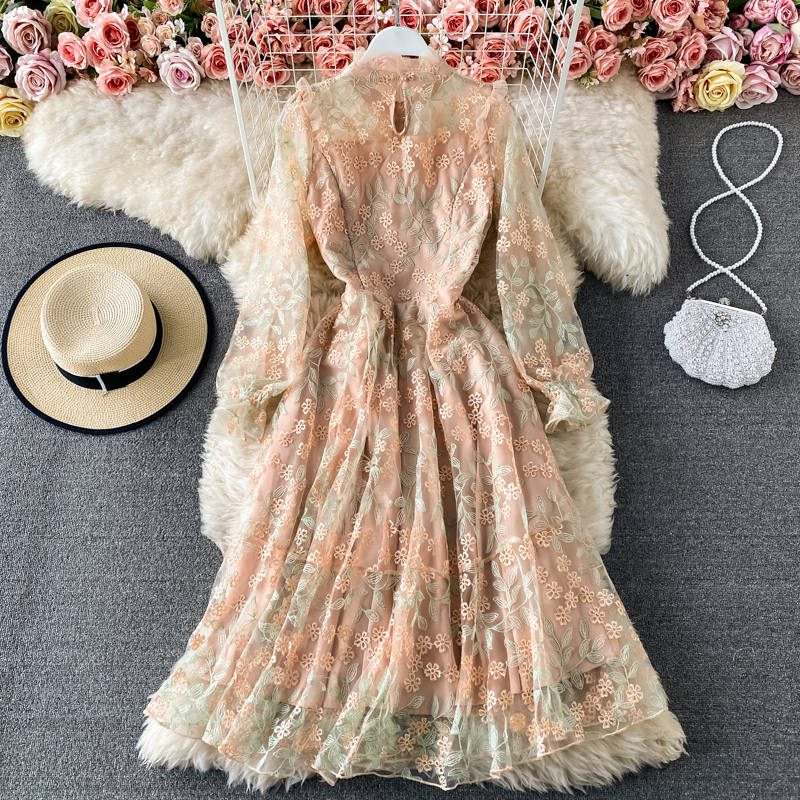 Spring and Autumn Flower Embroidered Mesh Elegant Princess Dress 1506