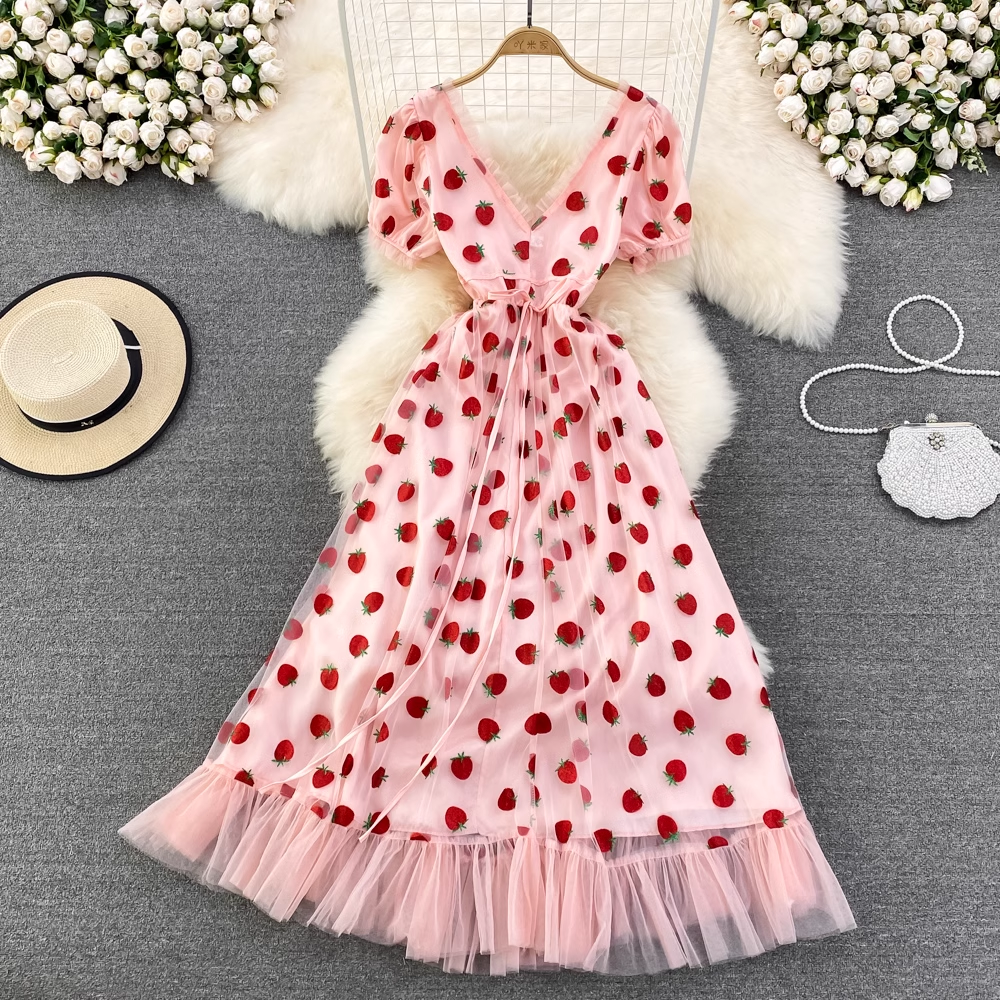 Summer Fairy Strawberry Sequin Print V Neck Mesh Dress 1488