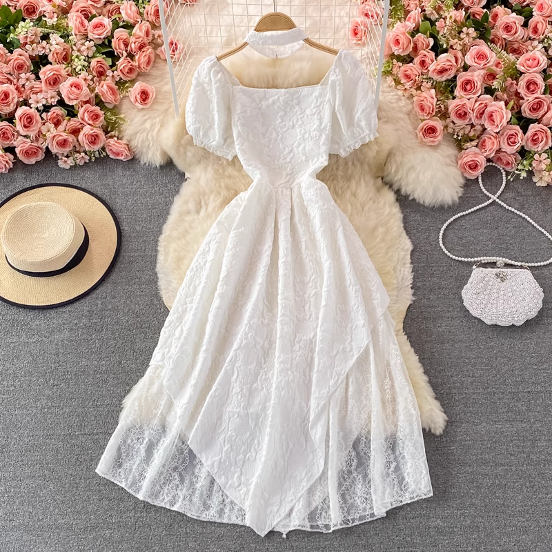 Summer Square Neck Fairy Dress Short Sleeve Sweet Long Skirt 1371