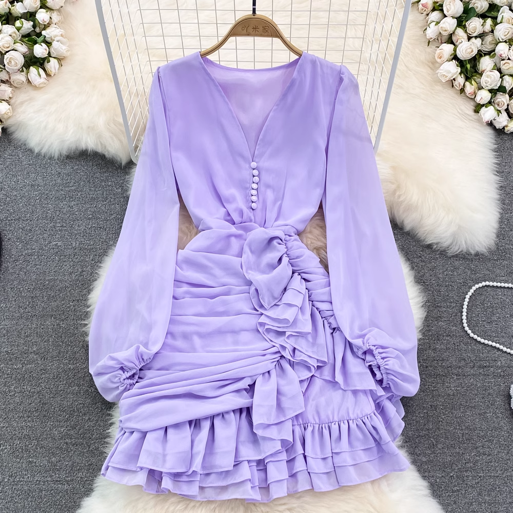 Spring V-neck Irregular Ruffled Dress Short Skirt 1563
