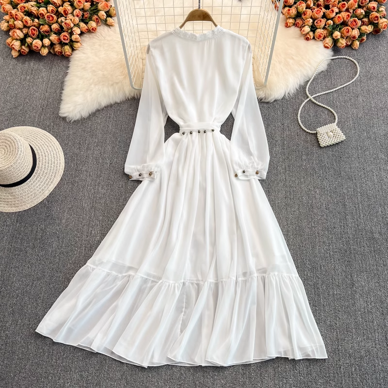 Spring and Autumn V Neck White Chiffon Long Sleeves Dress Elegant Dress 1535