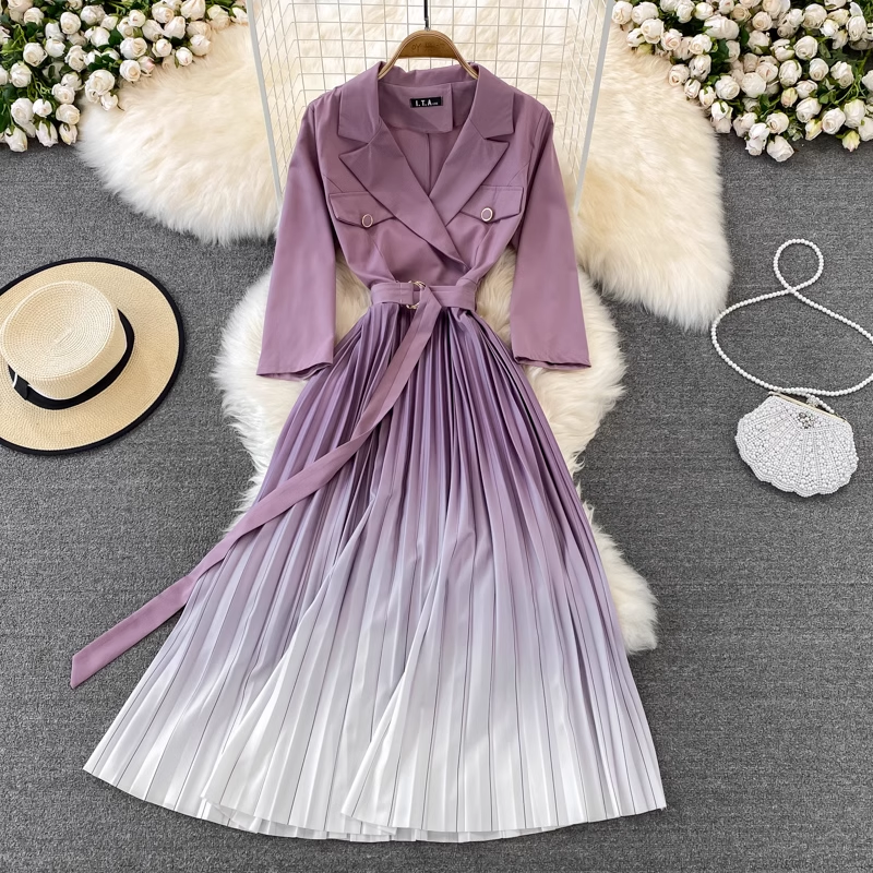 Spring and Summer Korean Style Suit Collar Gradient Pleated Elegant Dress 1435