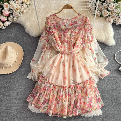 Spring and Autumn Long Sleeves V Neck A Line Printed Flora Dress 1528