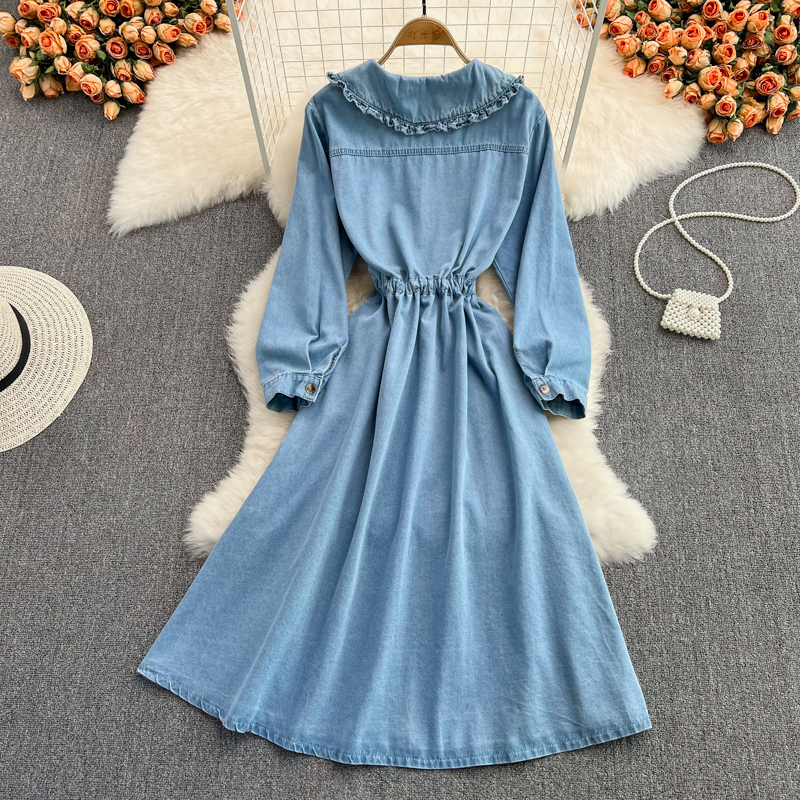 Vintage Sweet Doll Collar Denim Dress Elegant Autumn Long Skirt 1421