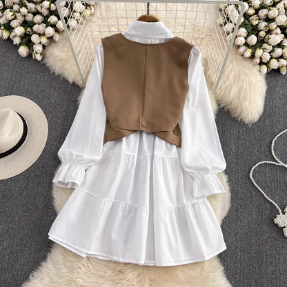 Spring and Autumn Vintage Vest Shirt Dress Two Pieces Set 1501