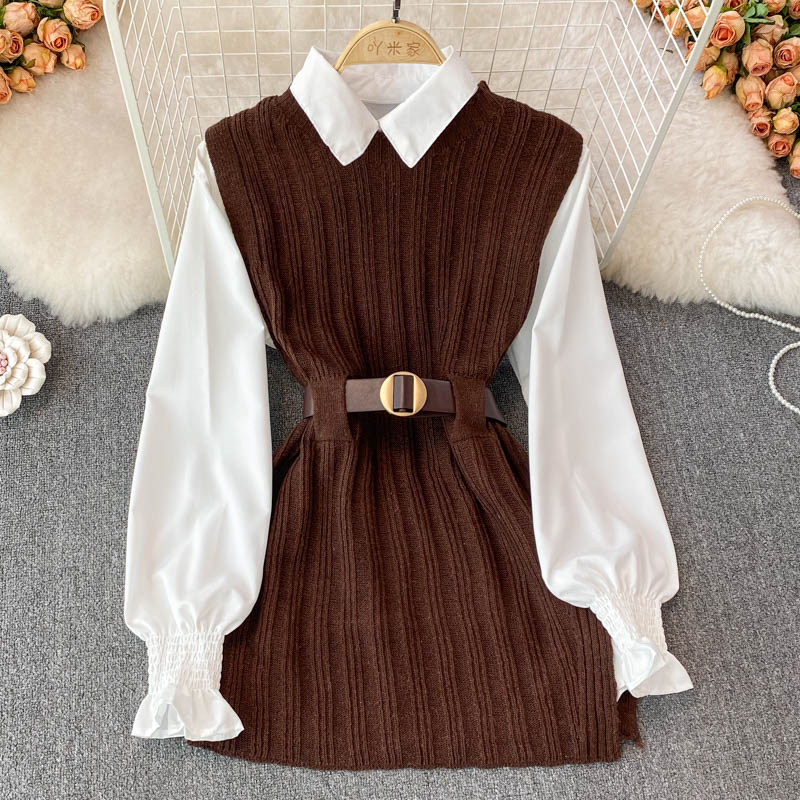 Spring and Autumn Korean Style Casual White Shirt  Knitted Vest  Two Pieces Set 1509