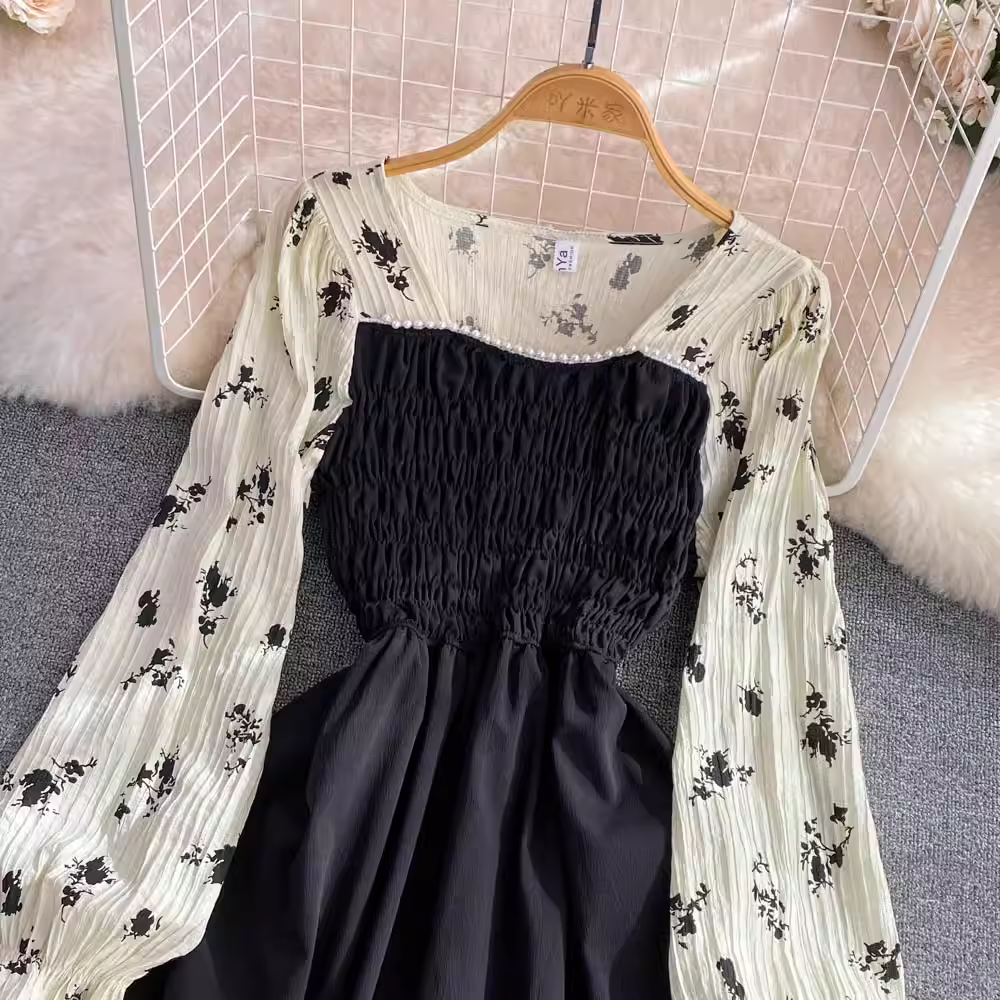 Retro Square Neck Bubble Long Sleeve Elegant A Line Dress 1491