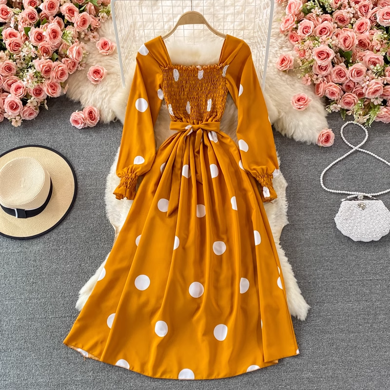 Spring and Autumn Korean Style Polka Dot Square Neck Dress 1477