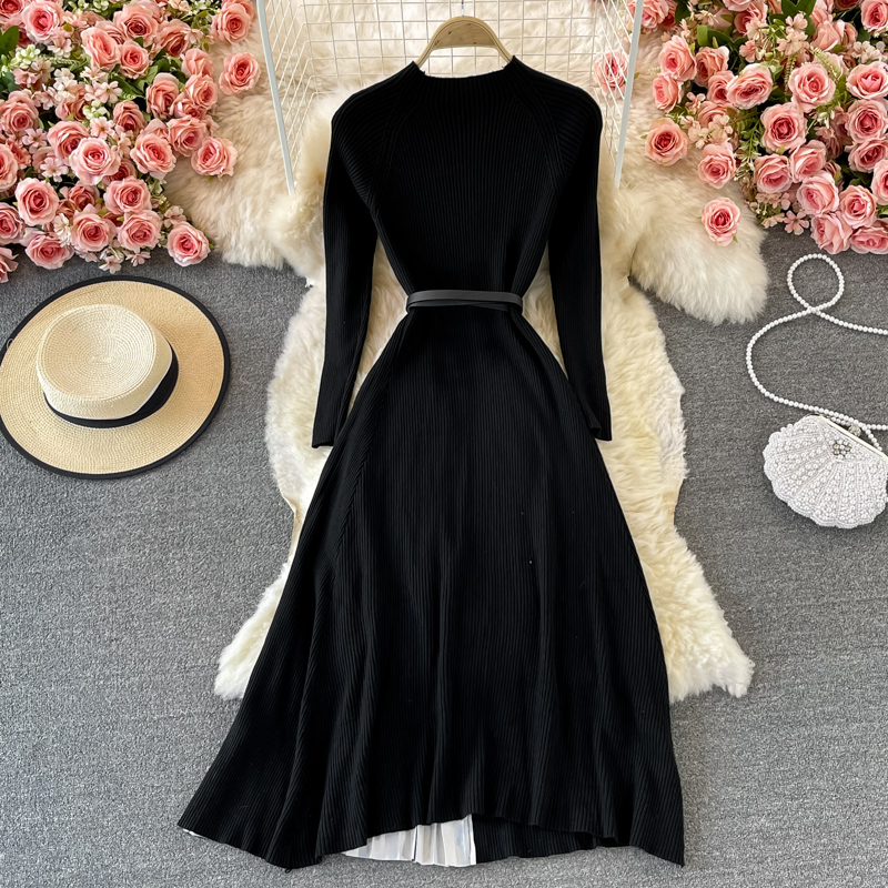 Black Long Sleeves Knitted Pleated Dress Autumn Elegant Big Swing Long Skirt 1377