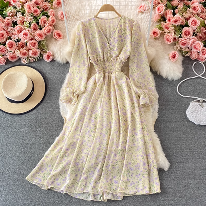 Women Summer V Neck Puff Sleeve Fairy Floral Chiffon Mid Length Skirt 1376