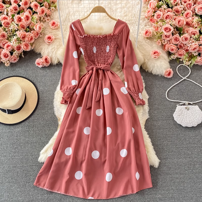 Spring and Autumn Korean Style Polka Dot Square Neck Dress 1477
