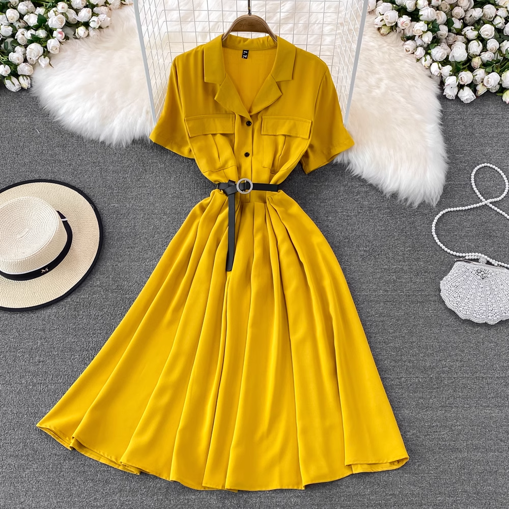 Summer Retro Chic Mid Length Suit Collar A-line Short Sleeves Dress 1451