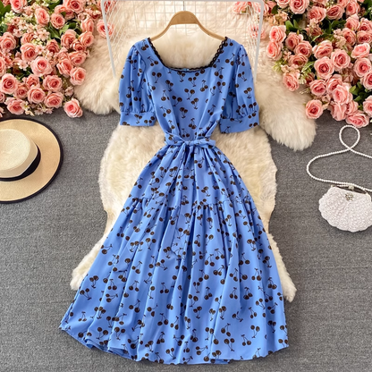 Summer Chic Sweet Skirt Square Collar Lace Floral Dress 1384