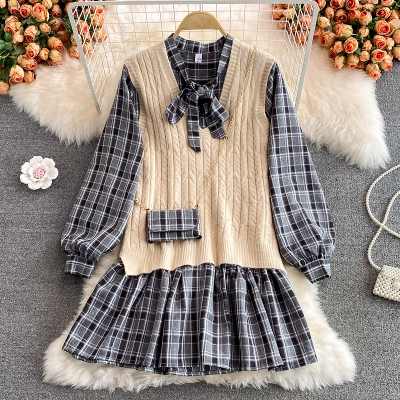 Korean Style Loose Plaid Mid Length Bowknot Dress Knitted Sweater Vest Two Pieces Set 1394
