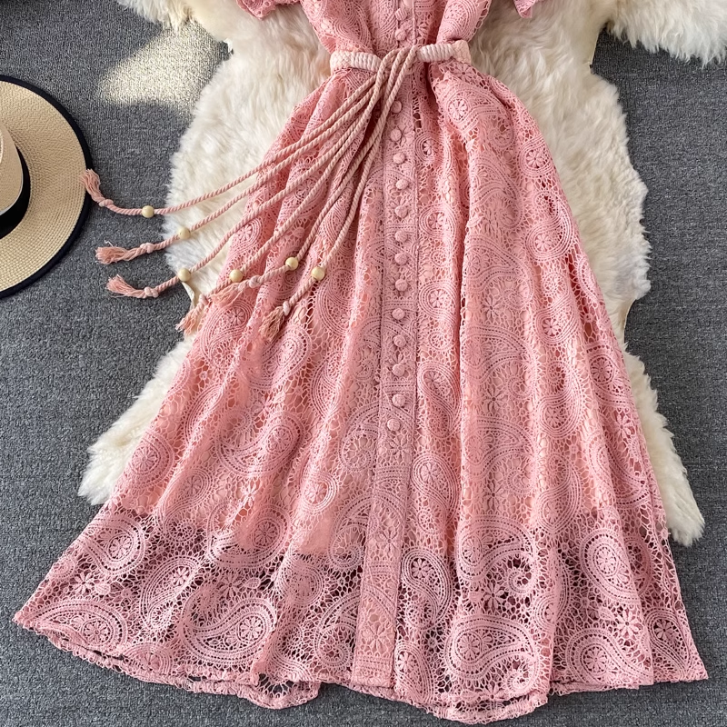 Retro Hollow Lace Dress Short Sleeves Elegant Long Dress 1355