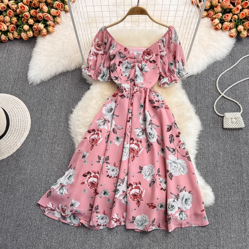 Summer Mid Length Sweet Fairy Floral Chiffon Dress 1424
