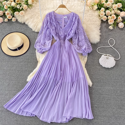 Autumn Long Sleeves V Neck Lace Pleated Dress 1401