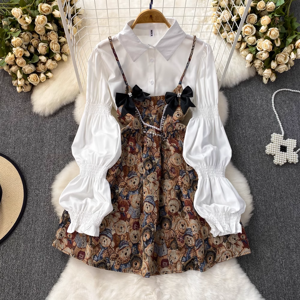 Summer Sweet Bowknot Long Sleeves A Line Dress White Shirt Two Pieces Set 1539
