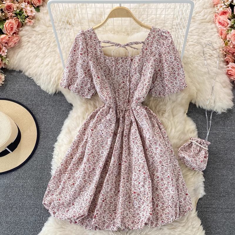Retro Floral Square Neck Puffy Dress French Sweet Puff Sleeve A line Dress 1350