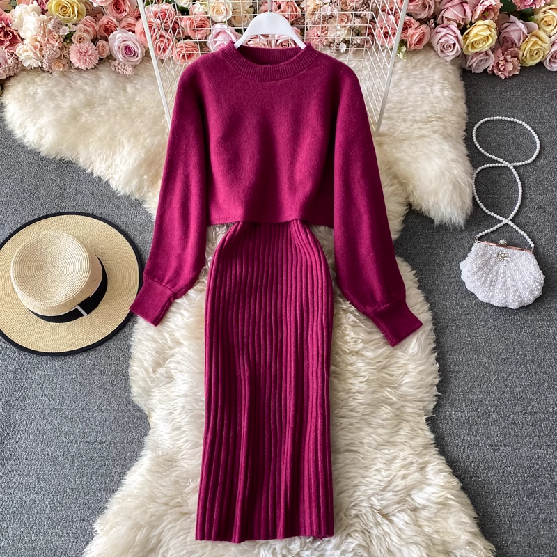 Spring and Autumn Loose Sweater Blouse Two Pieces Set V Neck Sheath Dress 1490