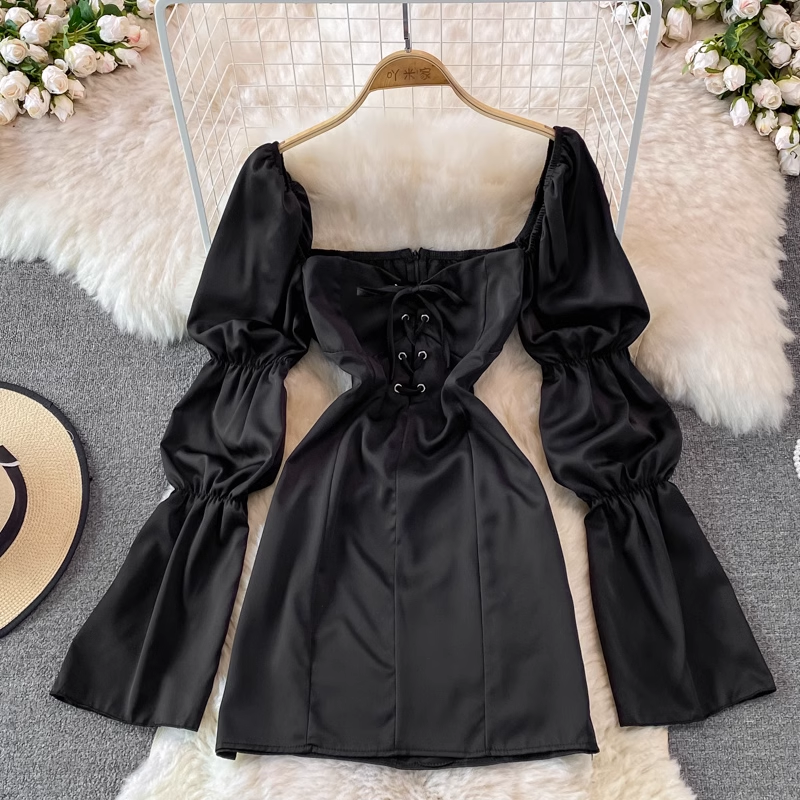 Autumn Court Style Puff Sleeve Square Collar Midlength High Waist Dress Fashion Fairy Skirt 1408