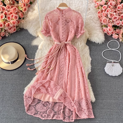 Retro Hollow Lace Dress Short Sleeves Elegant Long Dress 1355