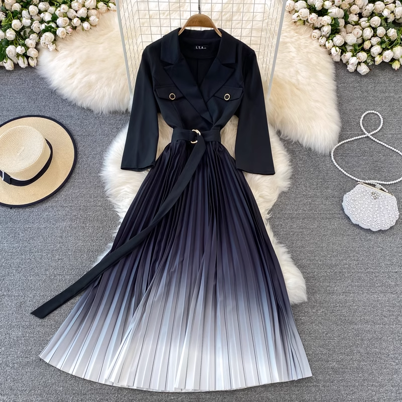 Spring and Summer Korean Style Suit Collar Gradient Pleated Elegant Dress 1435
