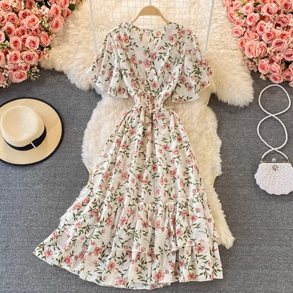 V Neck Floral Chiffon Dress Summer Fairy Big Swing Dress 1351
