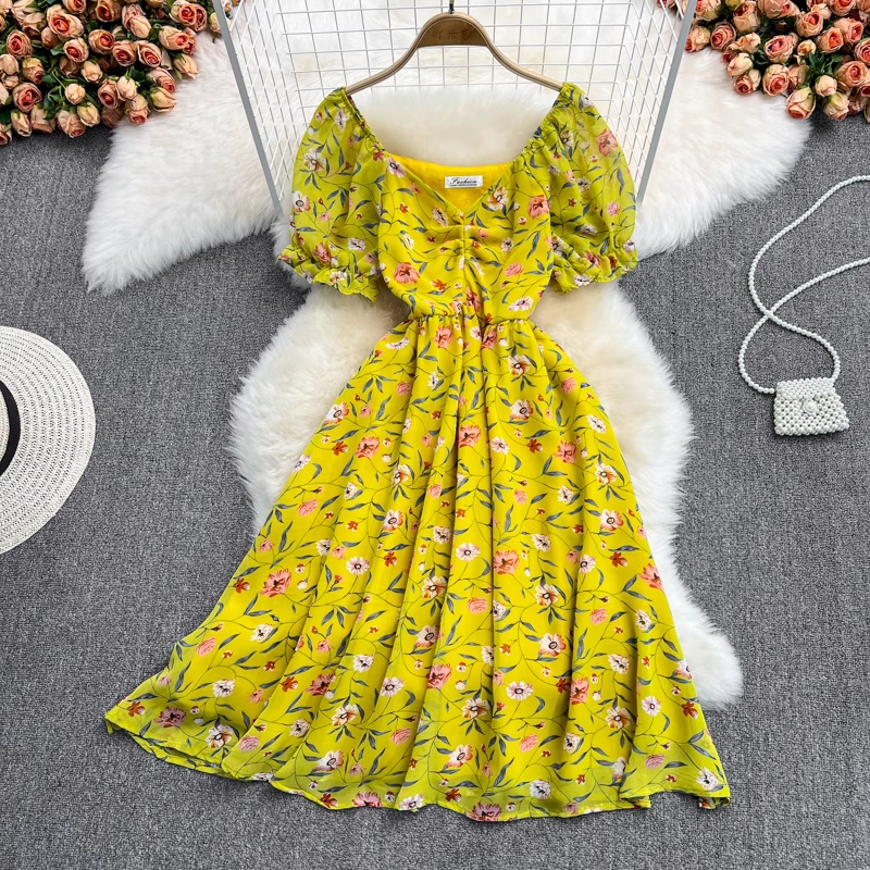 Summer Mid Length Sweet Fairy Floral Chiffon Dress 1424