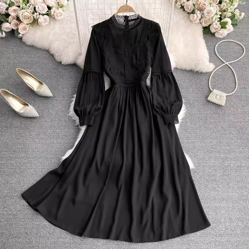 Retro Stand Collar Lace Chiffon A Line Elegant Dress 1566