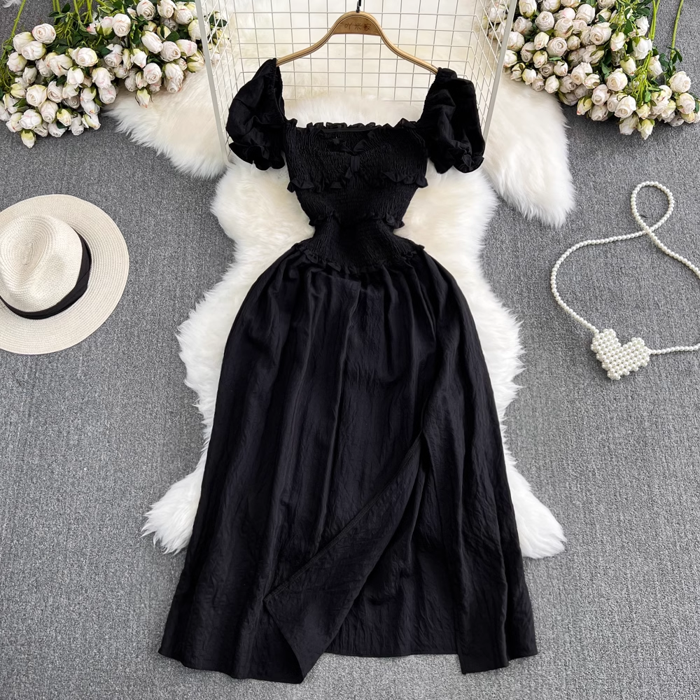 Short Sleeves Bowknot Square Collar Slit A Line Dress 1686