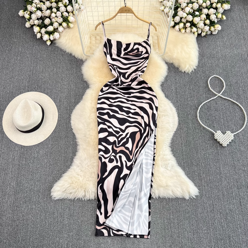 Thin Shoulder Strap Zebra Pattern Slit Sheath Dress 1644