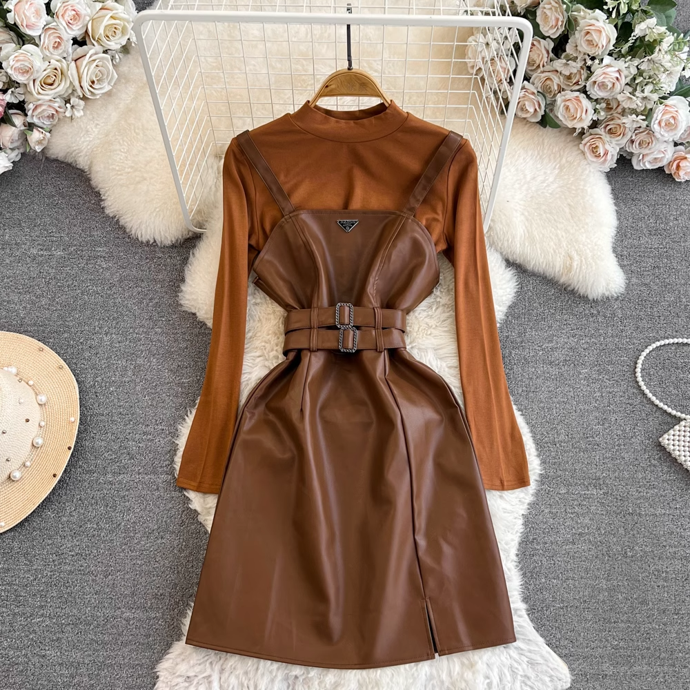 Autumn and Winter Long Sleeved Two Pieces Set A Line PU Leather Suspender Dress 1454