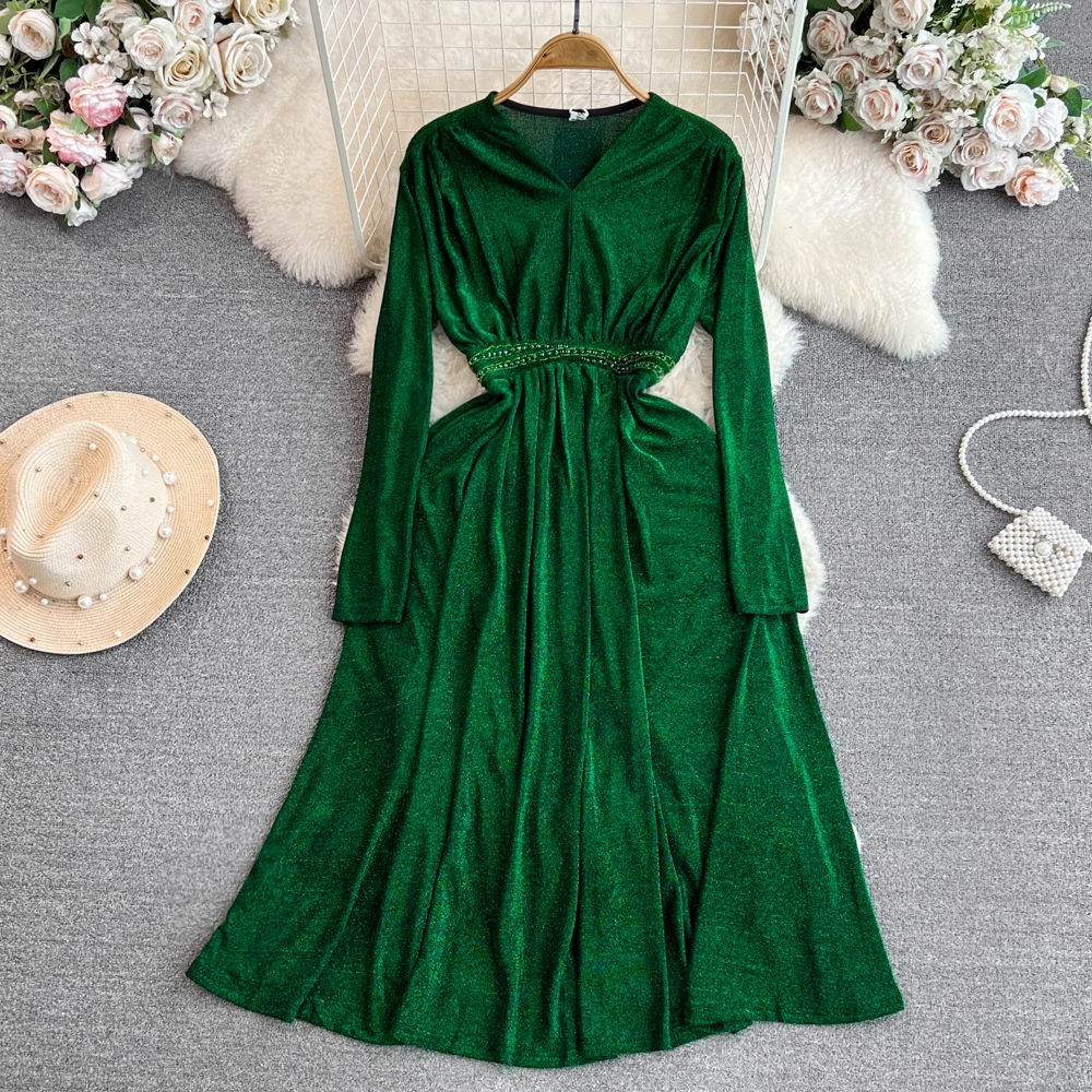 Spring and Autumn Long Sleeved V Neck Mid Length A Line Dress for Women 1480