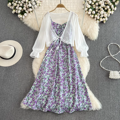 Fairy Chiffon Cardigan Sleeveless A Line Floral Dress Two Pieces Set 1584