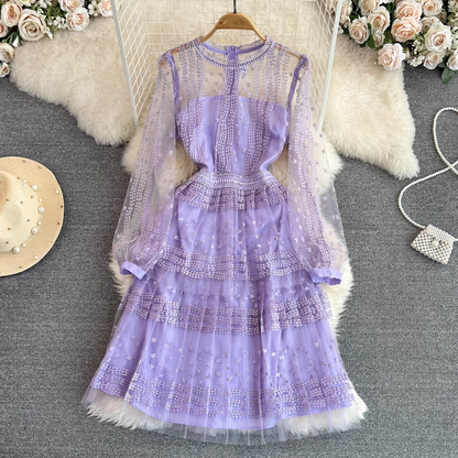 Spring and Autumn Retro Round Neck Lace A Line Mesh Embroidered Dress 1651