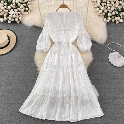 V Neck White Hollow Lace A Line Dress 1573