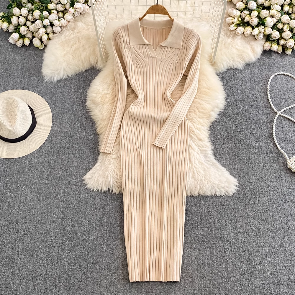 Autumn and Winter Long Sleeved V Neck Mid Length Knitted Dress for Women 1368