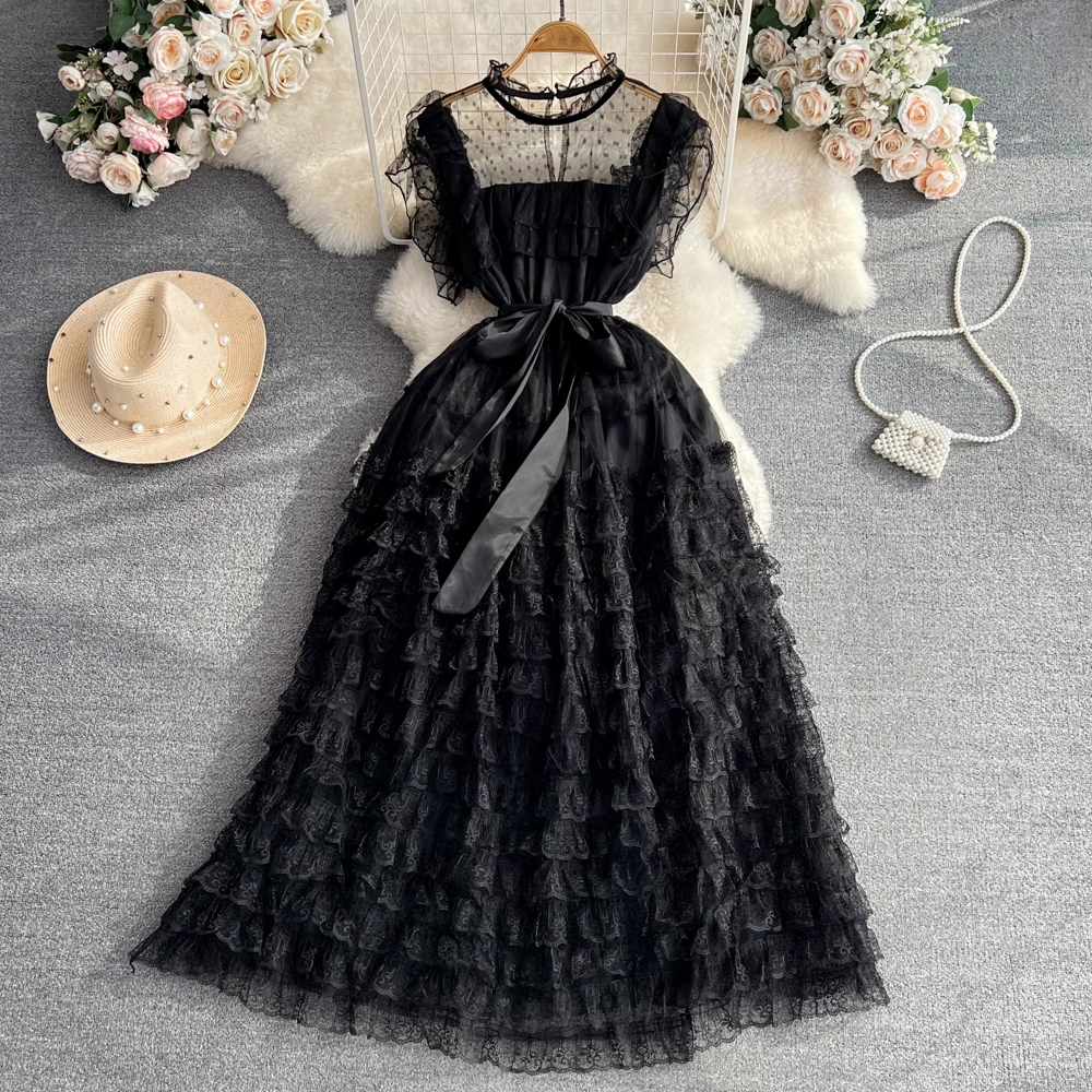 Summer A Line Mesh Layered Dress Elegant Dress Long Skirt 1684