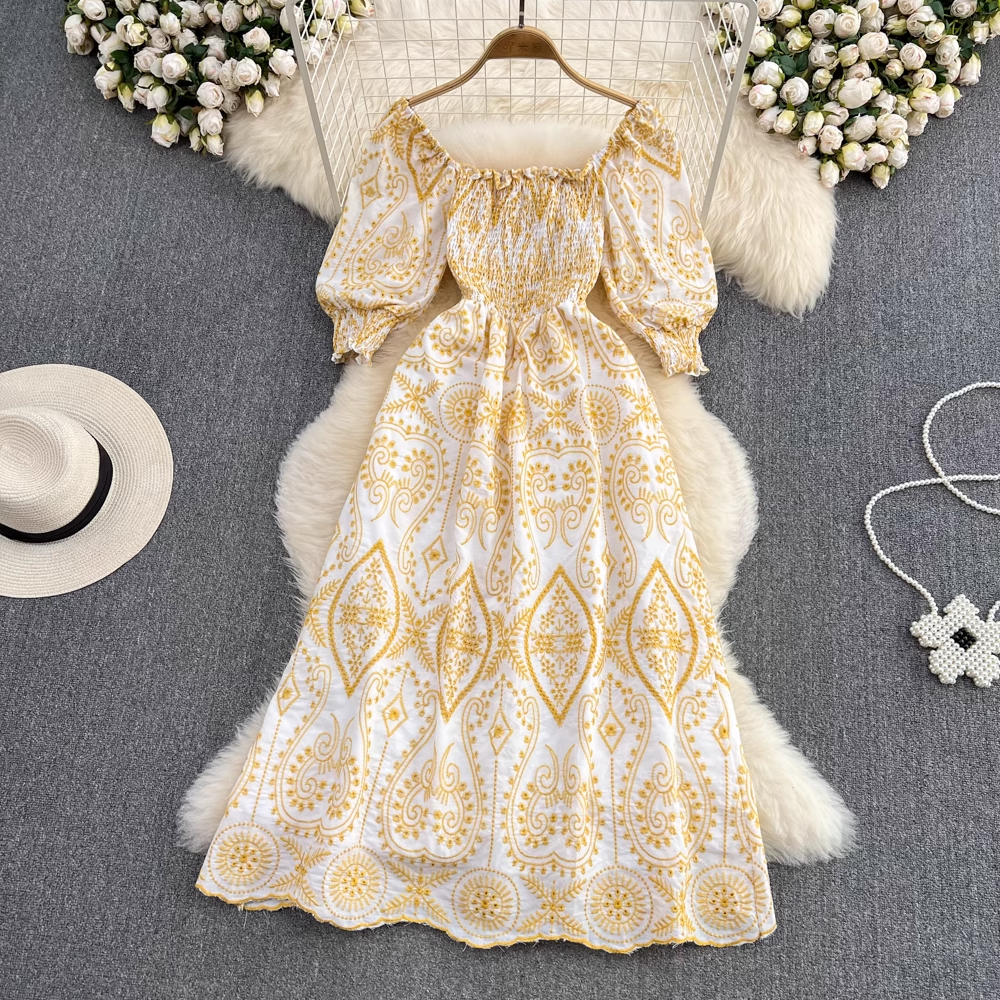 Summer Sweet Retro Square Collar Short Sleeves Embroidered A Line Dress 1598